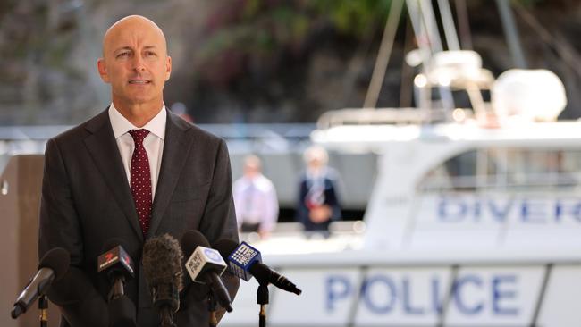 Gold Coast CIB Detective Inspector Chris Ahearn speaks to media next to the Parramatta River, which police searched this month for the gun used to kill Omega Ruston. Picture: NCA NewsWire / Damian Shaw