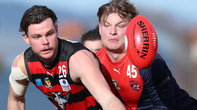 Football. Tasmanian State League. North Hobart V Lauderdale. Tyler Martin Lauderdale and Jack Sandric North Hobart. Picture: NIKKI DAVIS-JONES