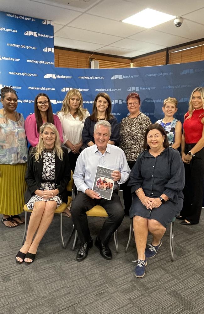 Back row (from left) Fiona Bobongie, Courtney Wilson, of Mackay, Isaac and Whitsunday Council of Mayors Suicide Prevention Taskforce Project, Carol Norris, of Greater Whitsunday Communities, Karin Baron, of NQPHN Mackay, Mackay Deputy Mayor Karen May, Deb Rae, Stephanie Zweers and (front from left) Whitsunday Mayor Julie Hall, Mackay Mayor Greg Williamson and Isaac Mayor Anne Baker at the release of the suicide prevention report on March 30, 2023, Photo: Zoe Devenport