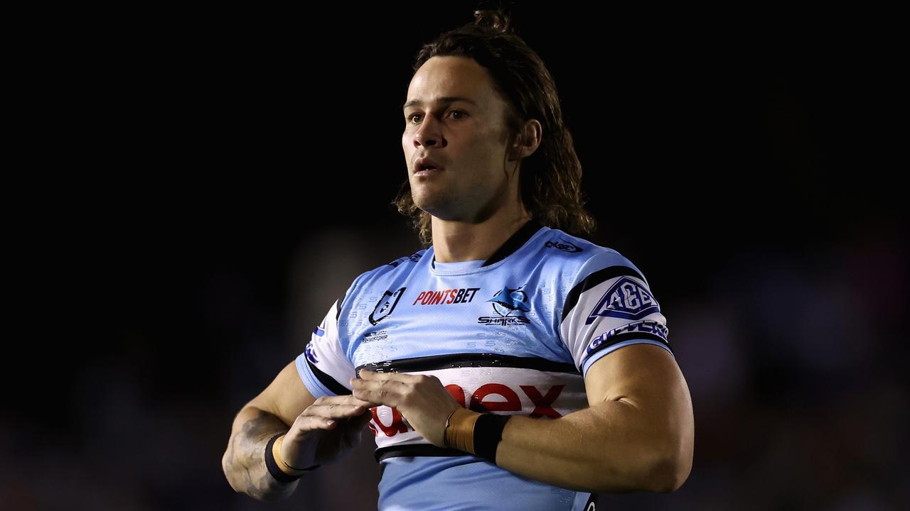 SYDNEY, AUSTRALIA - AUGUST 31: Nicho Hynes of the Sharks warms up during the round 26 NRL match between Cronulla Sharks and New Zealand Warriors at PointsBet Stadium, on August 31, 2024, in Sydney, Australia. (Photo by Cameron Spencer/Getty Images)