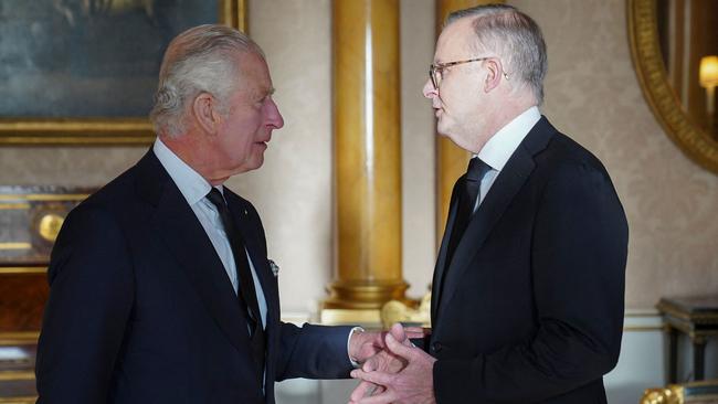 King Charles III speaks with Australian Prime Minister Anthony Albanese at Buckingham Palace. Picture: Stefan Rousseau/Pool/AFP