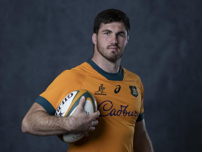 BRISBANE, AUSTRALIA - JUNE 26: Liam Wright poses during an Australia Wallabies Portrait Session on June 26, 2024 in Gold Coast, Australia. (Photo by Chris Hyde/Getty Images for ARU)