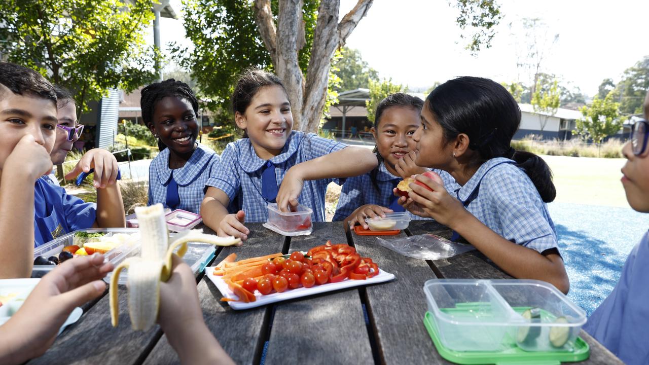 St Andrew’s Primary School Year 5 students at Marayong in Western Sydney enjoying fresh fruit and vegetables thanks to a new program introduced by teacher Judith McMurrich. From left, Elijah Abboud, Maya Stewart, Narella Kerry, Isabelle Zammit, Olive Jaca, Laya Menon and Jimmy Dinh. Picture: Richard Dobson