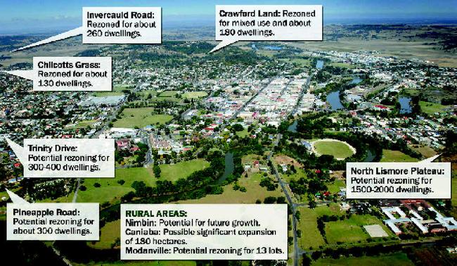 Map showing the expansion areas for Lismore LGA. Please note the arrows give general direction only.