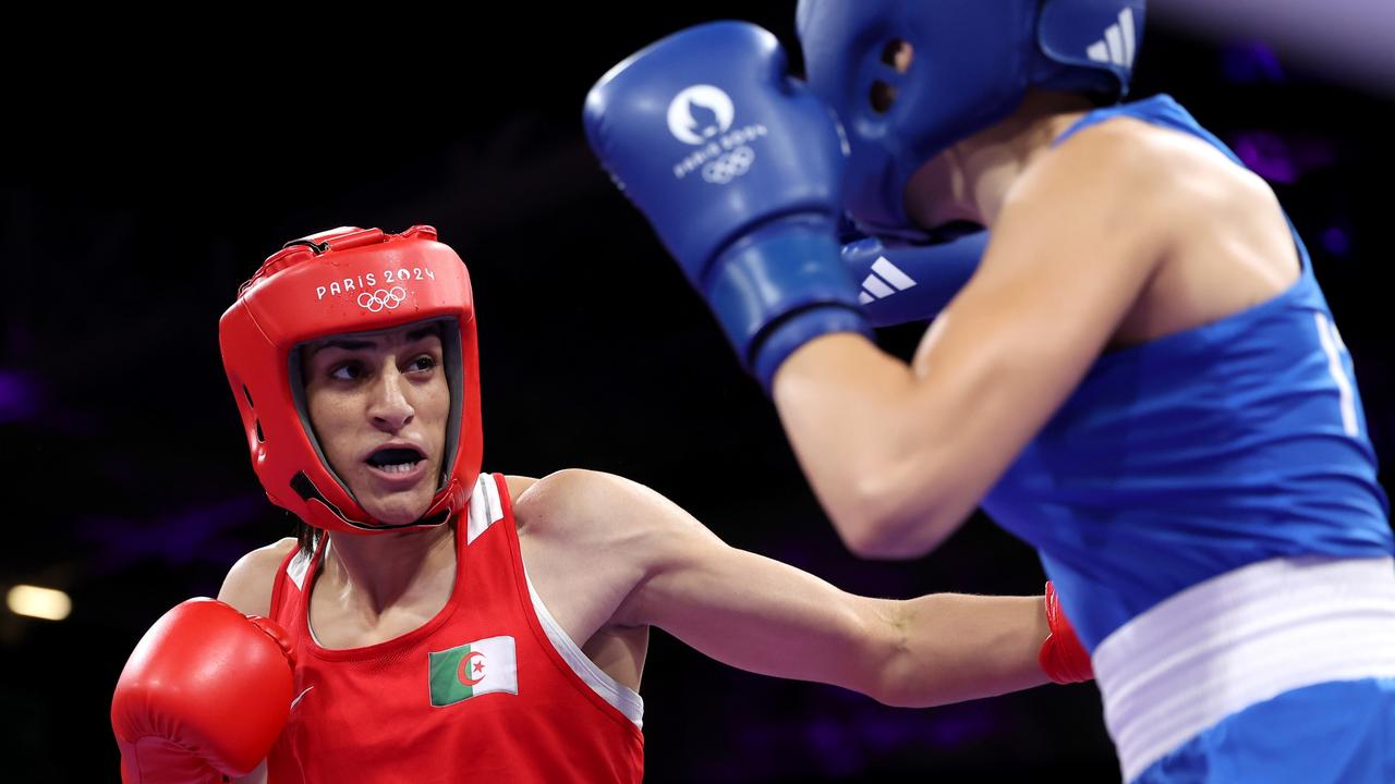 Imane Khelif in action against Angela Carini. Debate around Khelif’s biological sex has raged. Picture: Richard Pelham/Getty Images