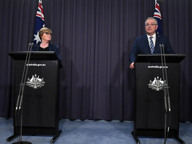 Defence Minister Linda Reynolds and Prime Minister Scott Morrison revealing a state-based cyber attack targeting Australian government and business at Parliament House in Canberra. Picture: AAP