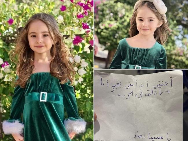 Canterbury Bankstown mayor Bilal El-Hayek took to Facebook to mourn the death of Yasmina, a little girl killed by an Israeli bomb blast in Lebanon. On paper, she wrote: ‘My wish is to stay safe with my family during the war.’ Picture: Facebook