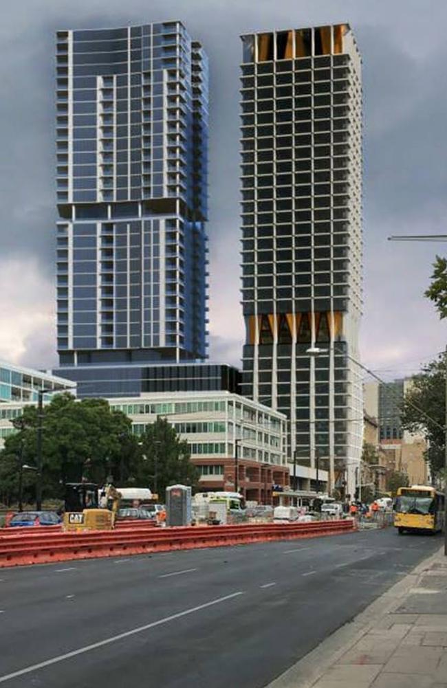 New artist impression of Global Student Accommodation proposal for 34-storey building on corner of North Tce and Frome St, showing Adelaidean project next door.