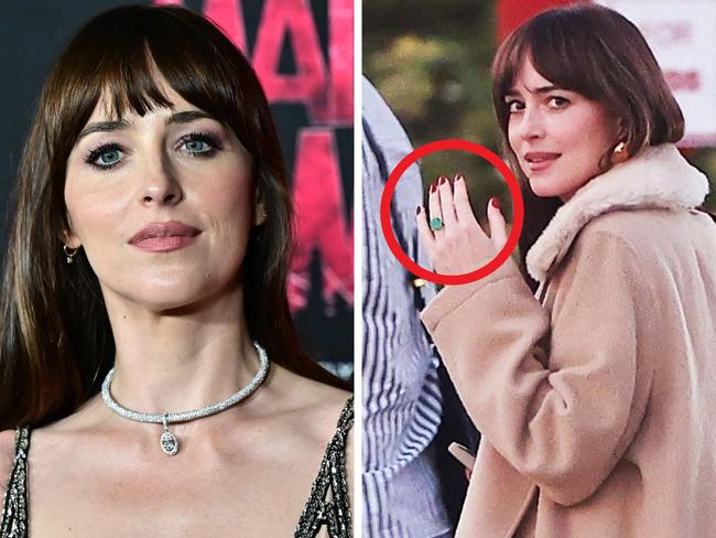 Dakota Johnson spotted with her engagement ring on.