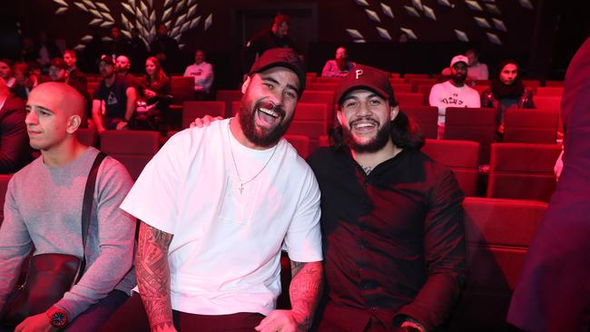 Andrew Fifita with UFC Fighter Tyson Pedro during the Tim Tszyu v Joel Camilleri title fight at The Star, Sydney. Picture: Brett Costello