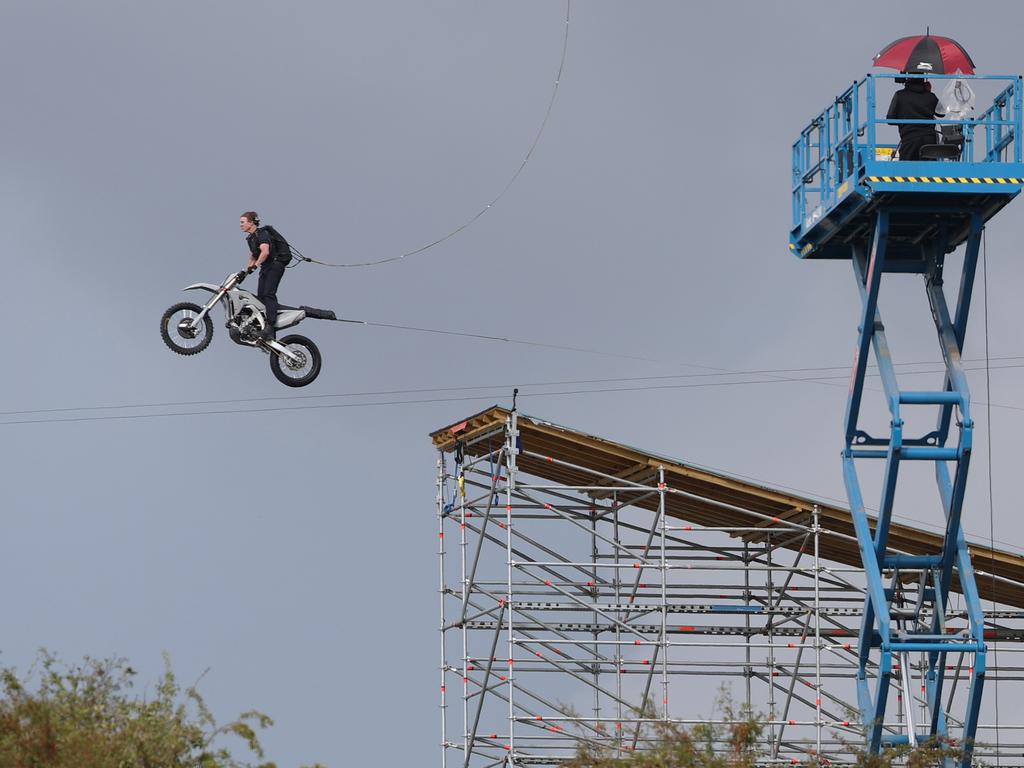 Only days earlier a stunt actor performed this same scene which ended with his bike exploding after a leap from the exact same ramp. Picture: Valentine/Bridger/Dean / SplashNews.com