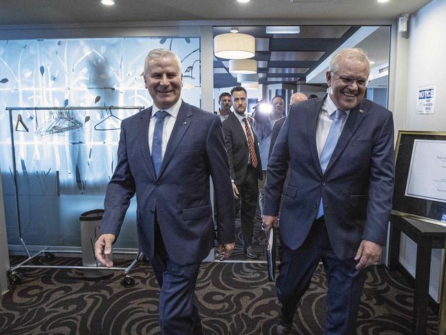 Scott Morrison with Michael McCormack after his 'Pre-Budget Address' at the National Press Club in Canberra. Picture: NCA NewsWire / Gary Ramage