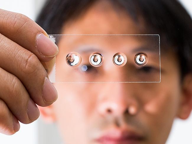 Dr Steve Lee of the ANU inspects droplet lenses which can turn a smart phone into a microscope. Photograph by Stuart Hay.