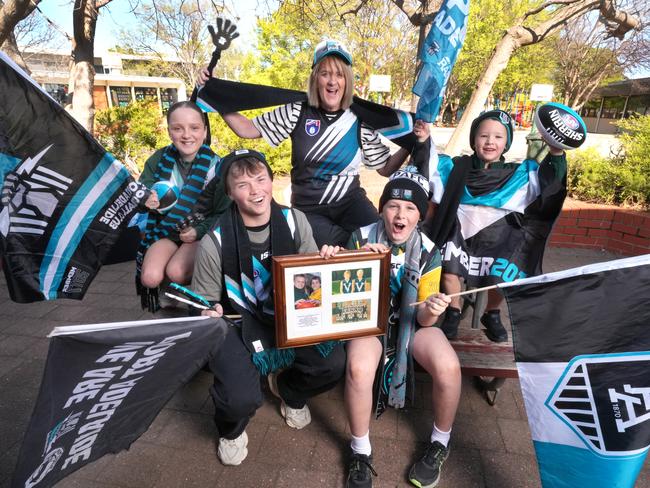 At Echuca Primary school, where both Ollie Wines and Jack Viney went to school, and were taught by teacher Kristine Oliver, there are Port supporters amongst the students, including from left, Esther Griffith,11, Jay Burrell,18, Slyda Birch,12, and Charlie Giorgianni, 6. 18 September 2024. Picture: Dean Martin