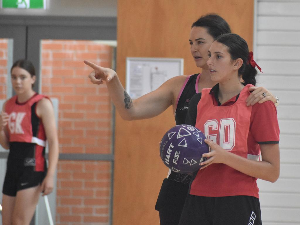 Former Australian Diamonds star Sharni Norder running coaching clinics for Rockhampton Grammar School netball teams, Saturday, March 11, 2023.