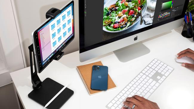 The Twelve South HoverBar Duo can hold an Apple iPhone or iPad off the desk.