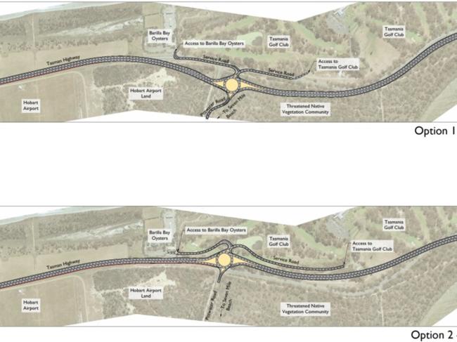 The two options proposed to upgrade the Tasman Highway to help reduce congestion between the Hobart Airport and Midway Point causeway.