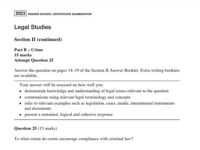 The question in question: Number 25 in the 2023 Legal Studies HSC Exam, the most controversial question in the test. Picture: NSW Education Standards Authority