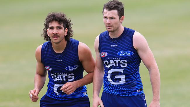 Nakia Cockatoo, pictured with Patrick Dangerfield, is looking at a bounceback season after he managed just two games in 2019. Picture: Peter Ristevski