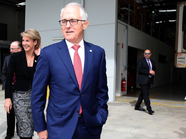 Prime Minister Malcolm Turnbull and Minister for Jobs and Innovation Michaelia Cash visit refrigerated transport service company Thermo King West in Perth yesterday. Picture: AAP