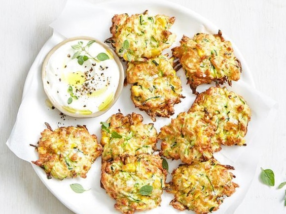 Air fryer zucchini, corn and haloumi fritters.