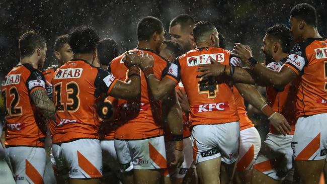 Wests Tigers players celabrate a try against the Panthers. Picture: NRL Photos