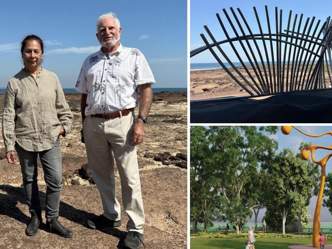 Techy Masero (left) and Richard Creswick at East Point where they hope Ms Masero's proposed Cyclone Tracy memorial will one day sit, after outrage over Darwin council's proposed design (bottom right).