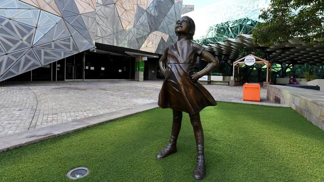 A replica of New York’s famous Fearless Girl statue in Melbourne’s Federation Square. Picture: AAP