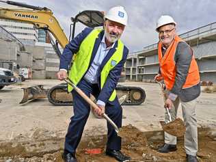 GETTING STARTED: Hutchinson Builders national construction manager Chris Stevenson with Ipswich City Council interim administrator Greg Chemello at the site of the new Ipswich CBD development. Workers moved onto site for the first time today. Picture: Cordell Richardson