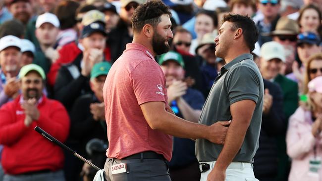 Jon Rahm of Spain shakes hands with Brooks Koepka of the United States on the 18th green after he won the 2023 Masters Tournament at Augusta National Golf Club. Picture: Christian Petersen/Getty Images