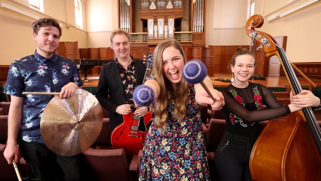 Jazz musicians Morgan Fletcher, James Muller, Ciara Ferguson and Bonnie Aue at Elder Hall. Picture: Kelly Barnes