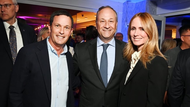 Kamala Harris’s husband, Doug Emhoff, centre, with United Talent Agency Vice Chairman Jay Sures and Walden in 2023. Picture: Getty Images.