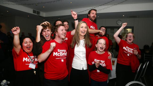 Emma McBride, Labor candidate, celebrates with staff and supporters, after claiming the seat of Dobell, at the Entrance Leagues Club. Picture: Peter Clark