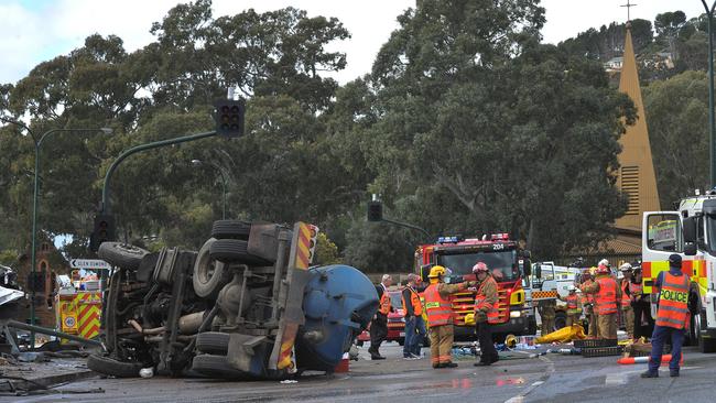 August 2014 crash at the bottom of the South-Eastern Freeway – two people were killed and many seriously injured. Picture Roger Wyman.