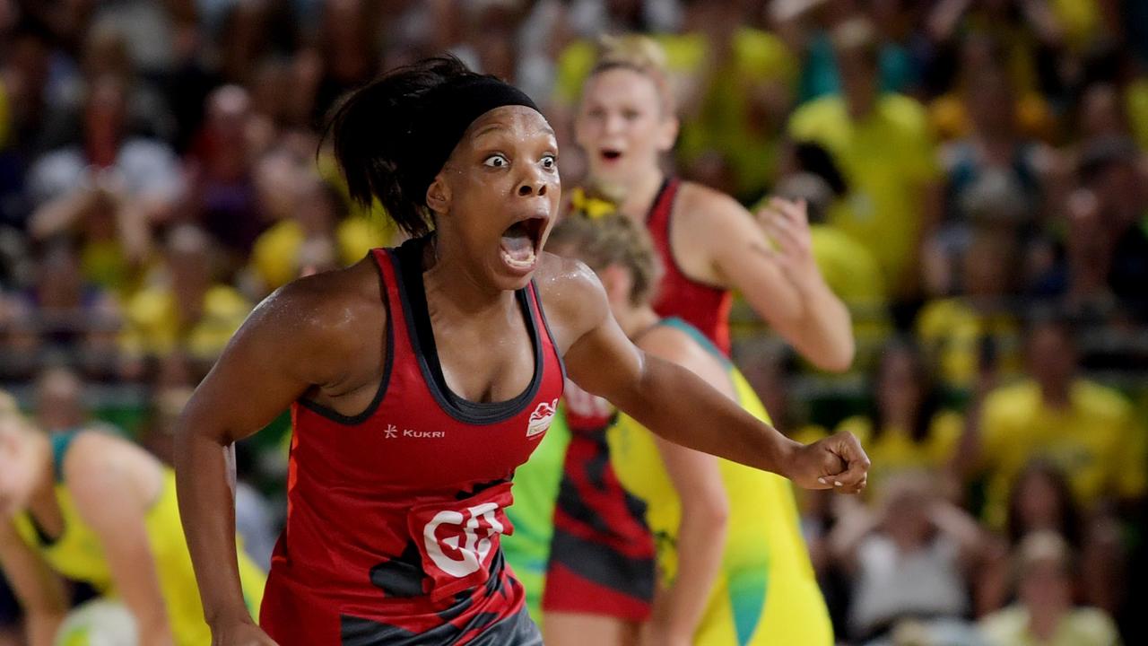 Eboni Beckford-Chambers reacts at full-time of the 2018 Gold Medal match between Australia and England.