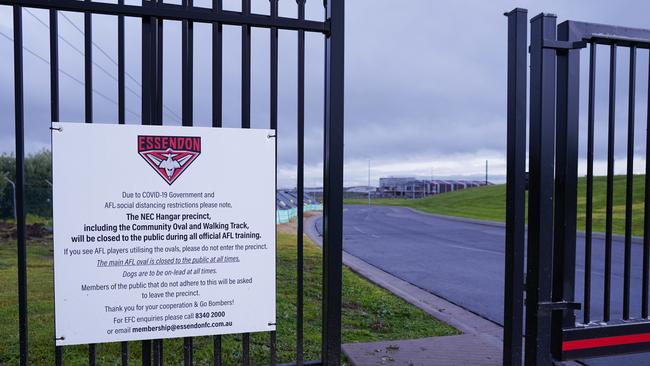 A COVID-19 warning at Essendon Football Club in Melbourne. Picture: AAP.