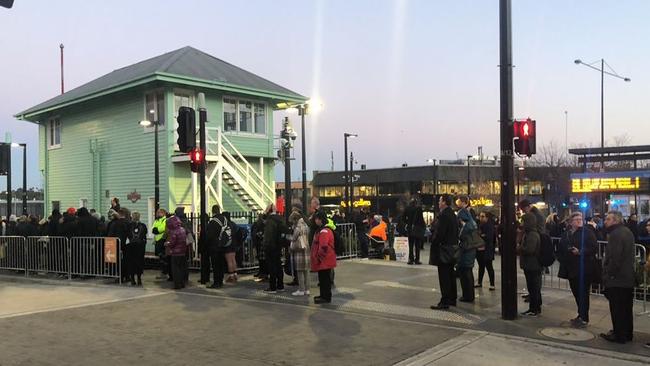 People queuing for buses at Ringwood East after massive train delays. Picture: James Thomas Copsey (Twitter)