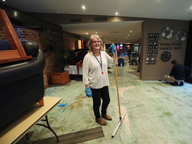 Linda Paynter group manager people and culture at The Old Woolstore in Hobart. The reception area and other guest services areas were flooded resulting in carpet being ripped up. Picture: NIKKI DAVIS-JONES