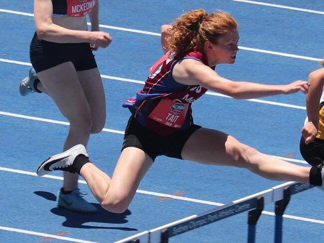 Hanna Tait, 17, racing in the 100m hurdles event.