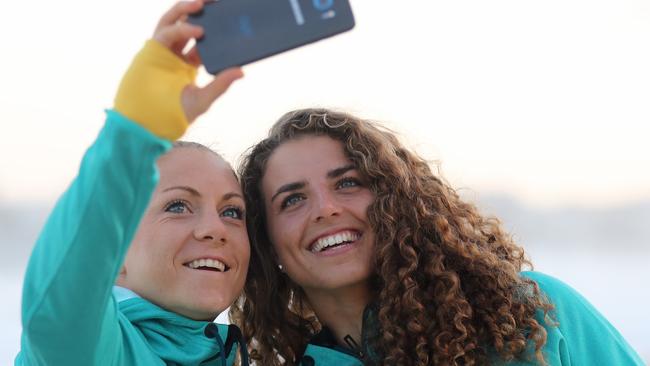 Australian’s Shelley Watts and Jessica Fox on the beach at Copacabana in Rio.