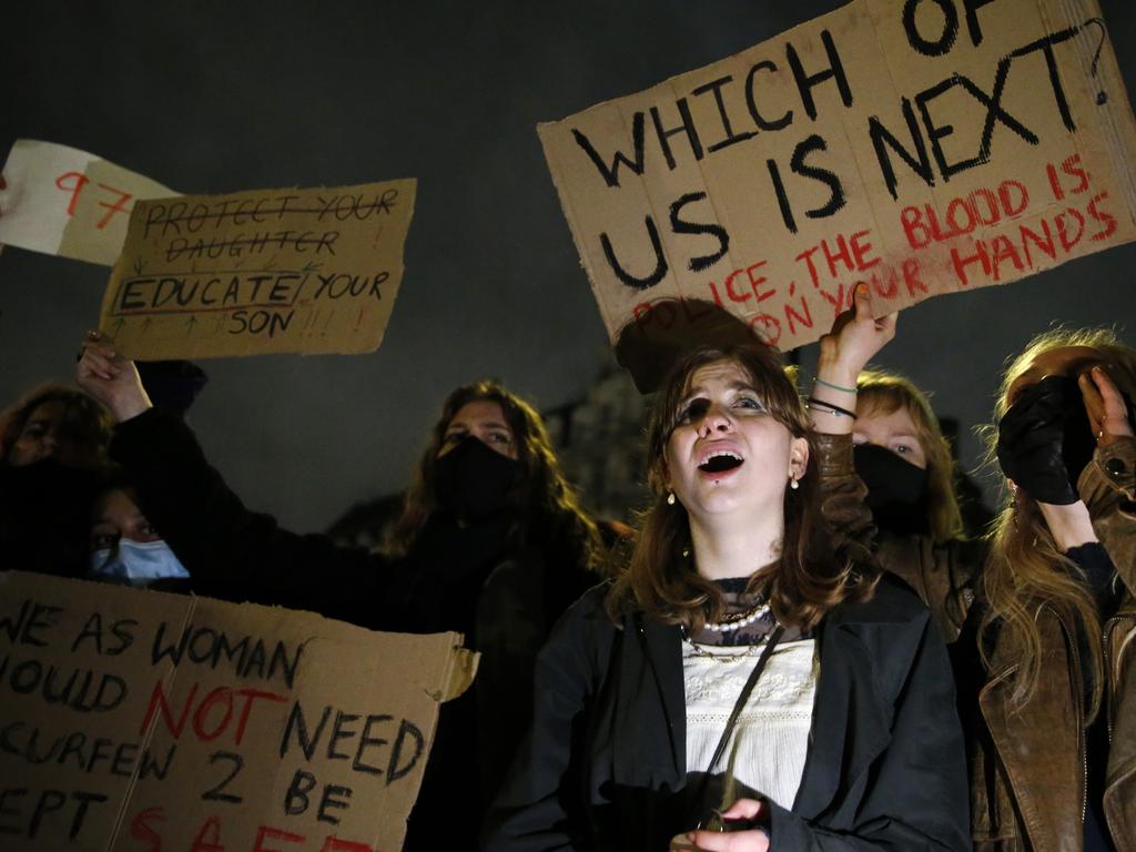 Protesters at Parliament Square after criticism of police behaviour at the Clapham Common vigil for Ms Everard on Saturday night. Picture: Hollie Adams/Getty Images