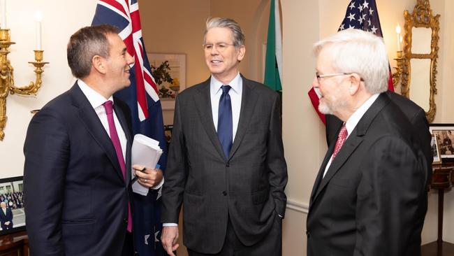 Treasurer Jim Chalmers, US Treasury Secretary Scott Bessent and ambassador Kevin Rudd in Washington. Picture: Michael Butcher