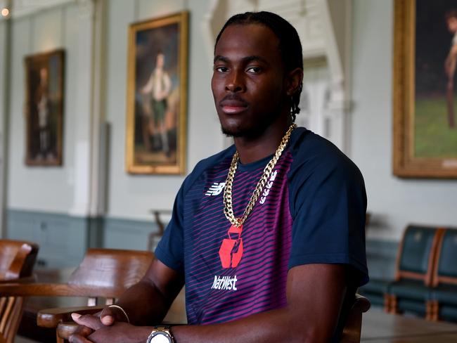 LONDON, ENGLAND - AUGUST 12: Jofra Archer of England poses for a portrait in the Long Room at Lord's Cricket Ground on August 12, 2019 in London, England. (Photo by Gareth Copley/Getty Images)