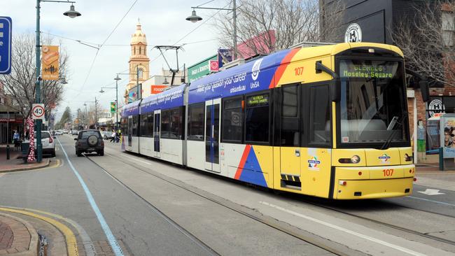 A tram on Jetty Rd, where tracks will be replaced from next week.