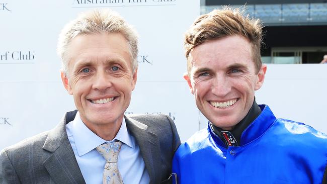Trainer Mark Newnham (left) and jockey Josh Parr combine with Esprit Lucand at Kensington. Picture: Getty Images