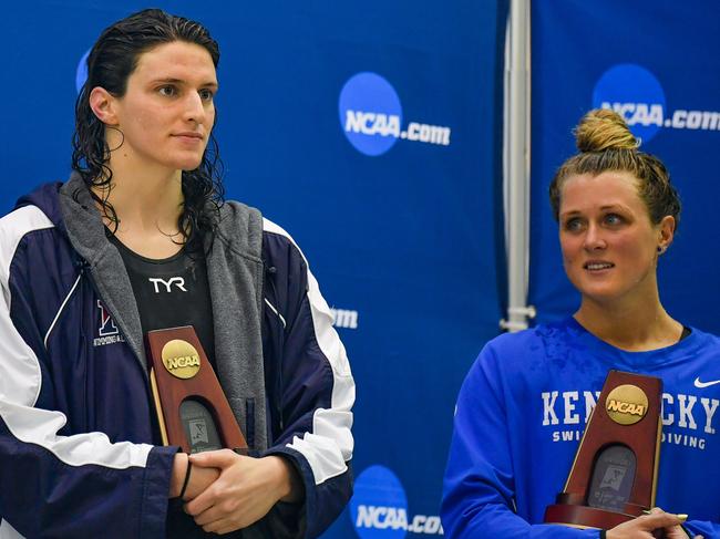 ATLANTA, GA - MARCH 18:  University of Pennsylvania swimmer Lia Thomas and Kentucky swimmer Riley Gaines react after finishing tied for 5th in the 200 Freestyle finals at the NCAA Swimming and Diving Championships on March 18th, 2022 at the McAuley Aquatic Center in Atlanta Georgia.  (Photo by Rich von Biberstein/Icon Sportswire via Getty Images)