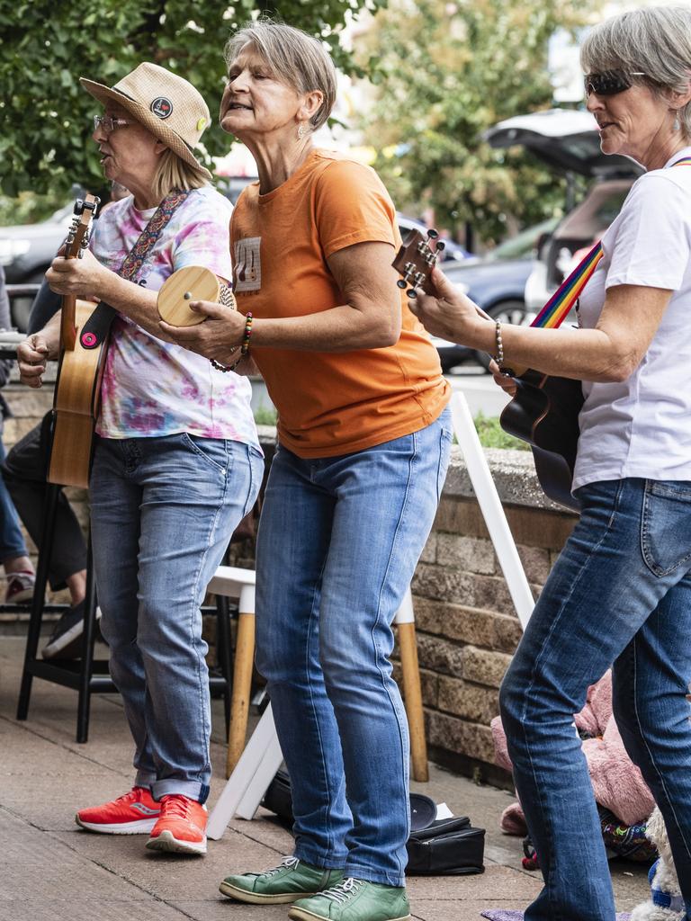 Lil Darlins members (from left) Cath McCourt, Karen James and Steph Gaunt travelled from Cleveland to perform at the Toowoomba Busking Festival, Saturday, April 29, 2023. Picture: Kevin Farmer