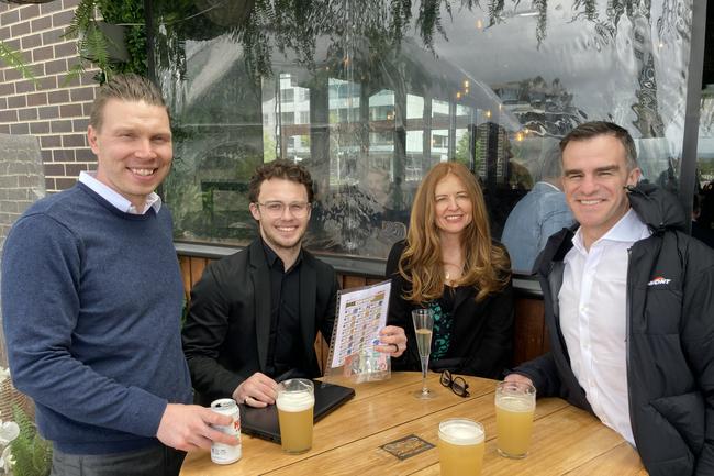 Melbourne Cup Day in Canberra. Left to right- Christien Smeja from Franklin ACT, Dylan Emmet from Chifley ACT, Sybil Wishart from Narabundah ACT and Pete Russell from Kingston ACT. Pictured at The Dock bar Kingston Foreshore on November 1. Picture: Julia Kanapathippillai