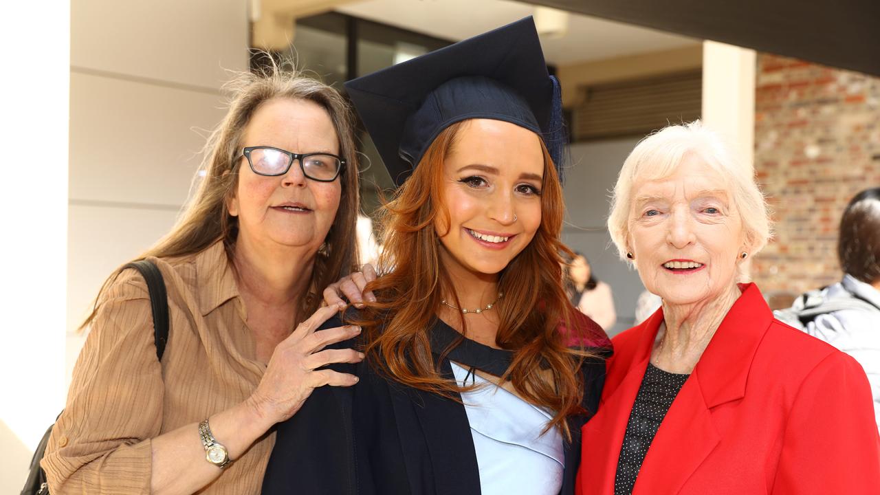 Deakin University graduate Kate Pearce with mum Camilla and grand mother Janice Pearce. Picture: Alison Wynd