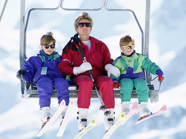 Princess Diana with a young William and Harry on holiday. Picture: Tim Graham Photo Library via Getty